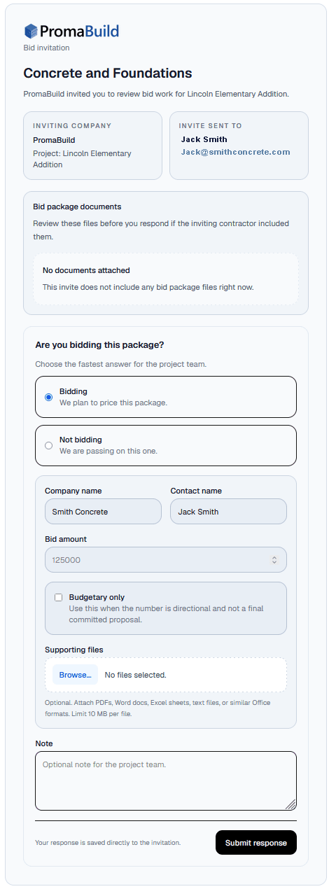 PromaBuild public invite response page for subcontractors.