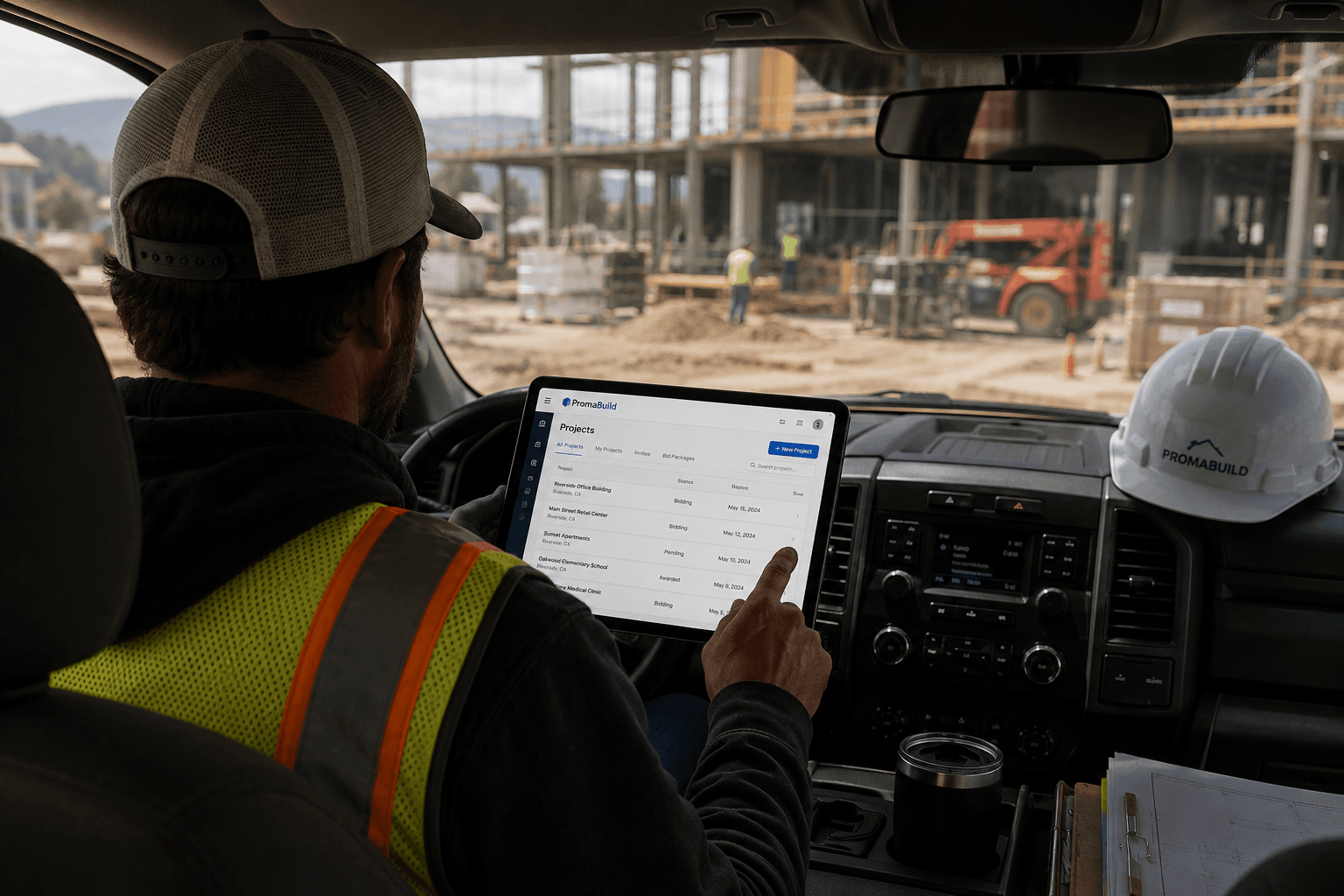 PromaBuild running on a tablet from inside a work truck at a construction site.